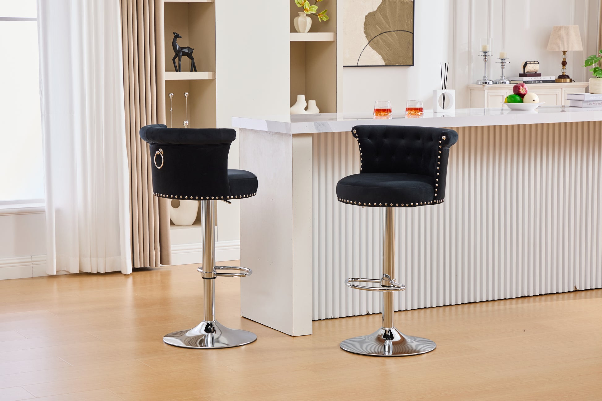 COOLMORE Velvet Bar Stool Set of 2, Adjustable Swivel Bar Stools with Silver Plated Metal Leg, Chrome Nailhead, Counter Height Chair for Kitchen,Dining Room-海智集-Default-