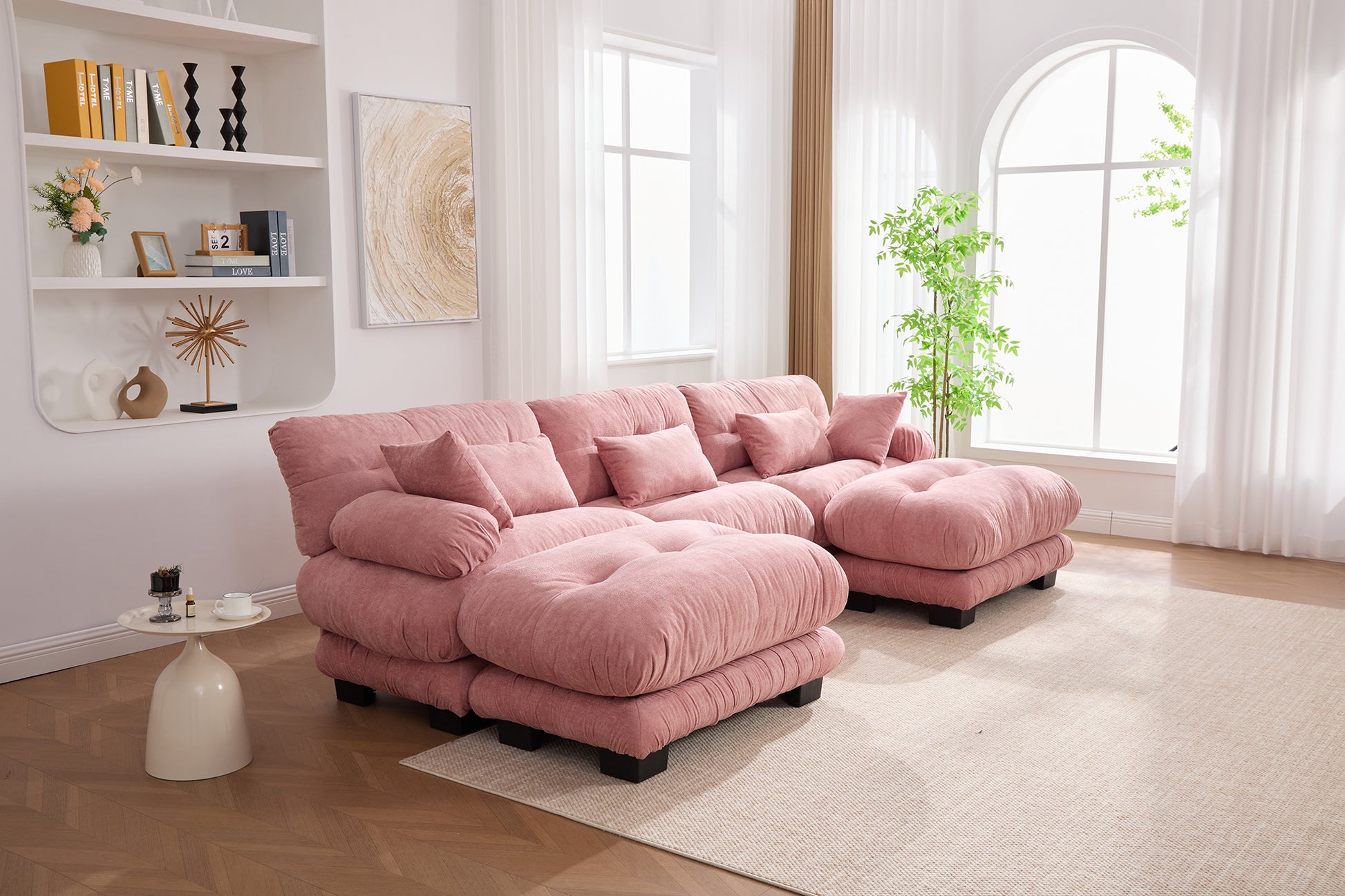 UNITED WE WIN Pelletized velvet U Shape Cloud Couch with 2 Ottomans,Free Combined 3 Seater Comfy Sofa with Bolster Armrest Pillows, sofa for Living Room-海智集-Default-