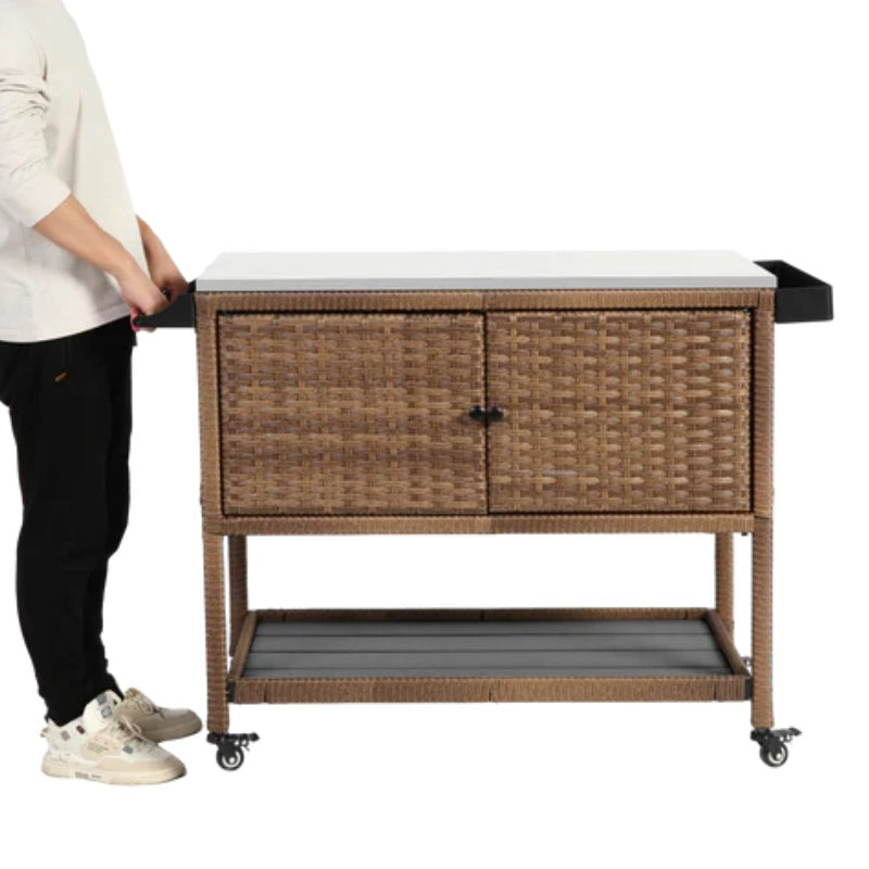 Outdoor Wicker Bar Cart, Patio Wine Serving Cart w/Wheels, Rolling Rattan Beverage Bar Counter Table w/Glass Top for Porch Backyard Garden Poolside Party, Brown-海智集-Default-