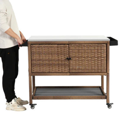 Outdoor Wicker Bar Cart, Patio Wine Serving Cart w/Wheels, Rolling Rattan Beverage Bar Counter Table w/Glass Top for Porch Backyard Garden Poolside Party, Brown-海智集-Default-