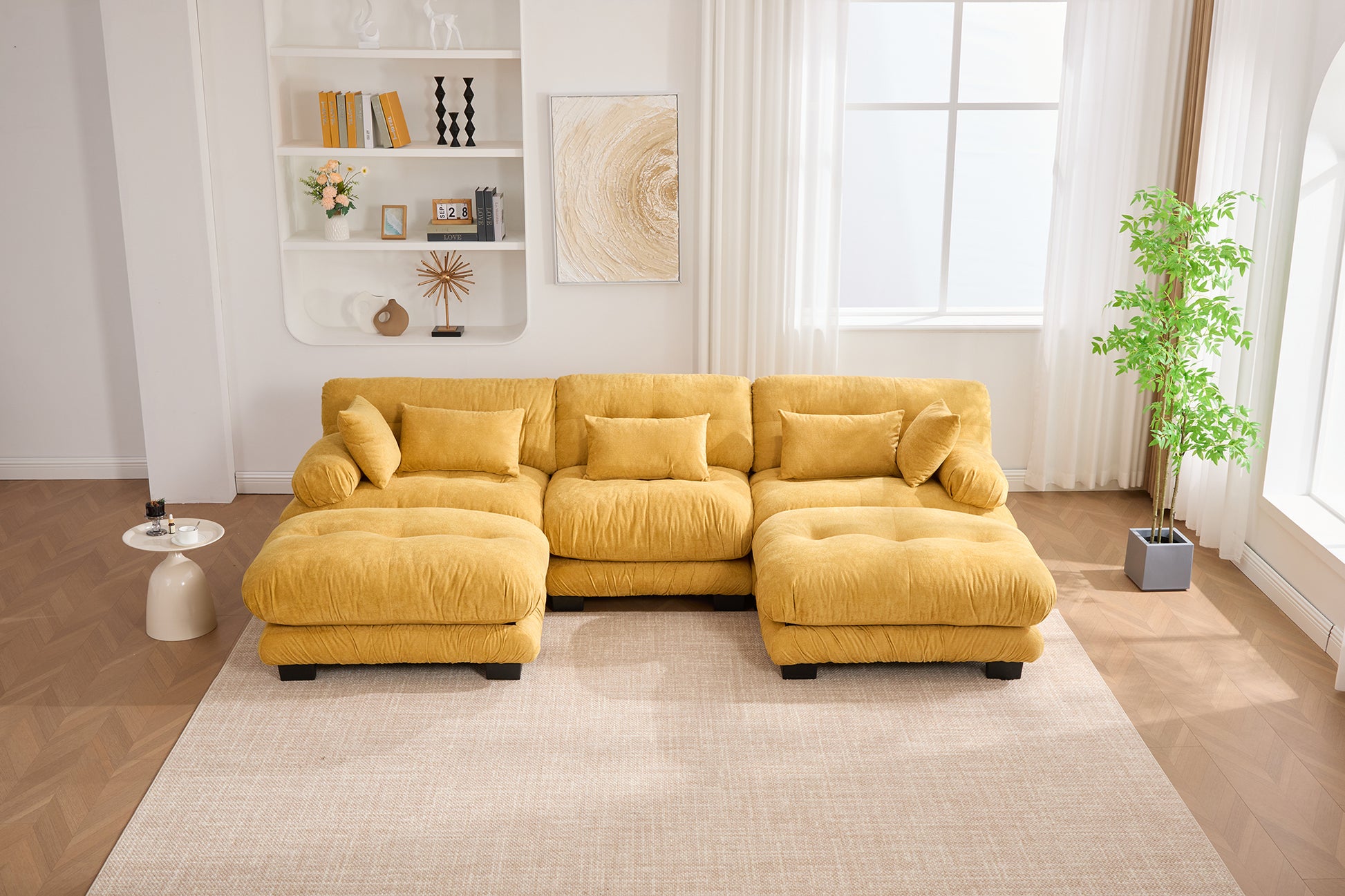 UNITED WE WIN Pelletized velvet U Shape Cloud Couch with 2 Ottomans,Free Combined 3 Seater Comfy Sofa with Bolster Armrest Pillows, sofa for Living Room-海智集-Default-