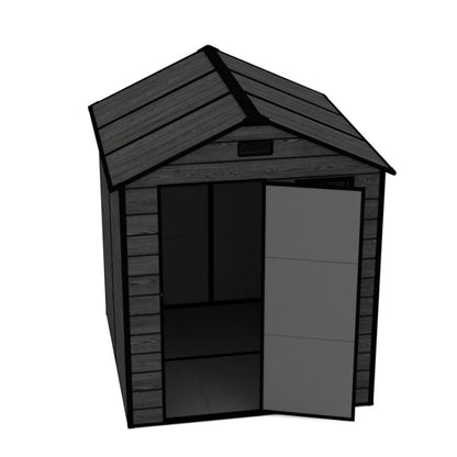 Campcraft 6*6ft resin storage shed, high quality pp material, strong structure, waterproof, rust and UV proof, large storage space, 12mm thick pp board, HD window lighting Black wood grain color-海智集-Default-