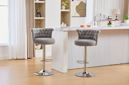 COOLMORE Velvet Bar Stool Set of 2, Adjustable Swivel Bar Stools with Silver Plated Metal Leg, Chrome Nailhead, Counter Height Chair for Kitchen,Dining Room-海智集-Default-