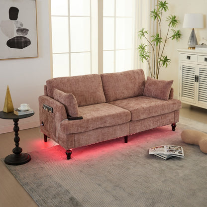 Modern Chenille 2-Seater Sofa with LED Light, USB Port, and Storage Bag in Pink-海智集-Default-
