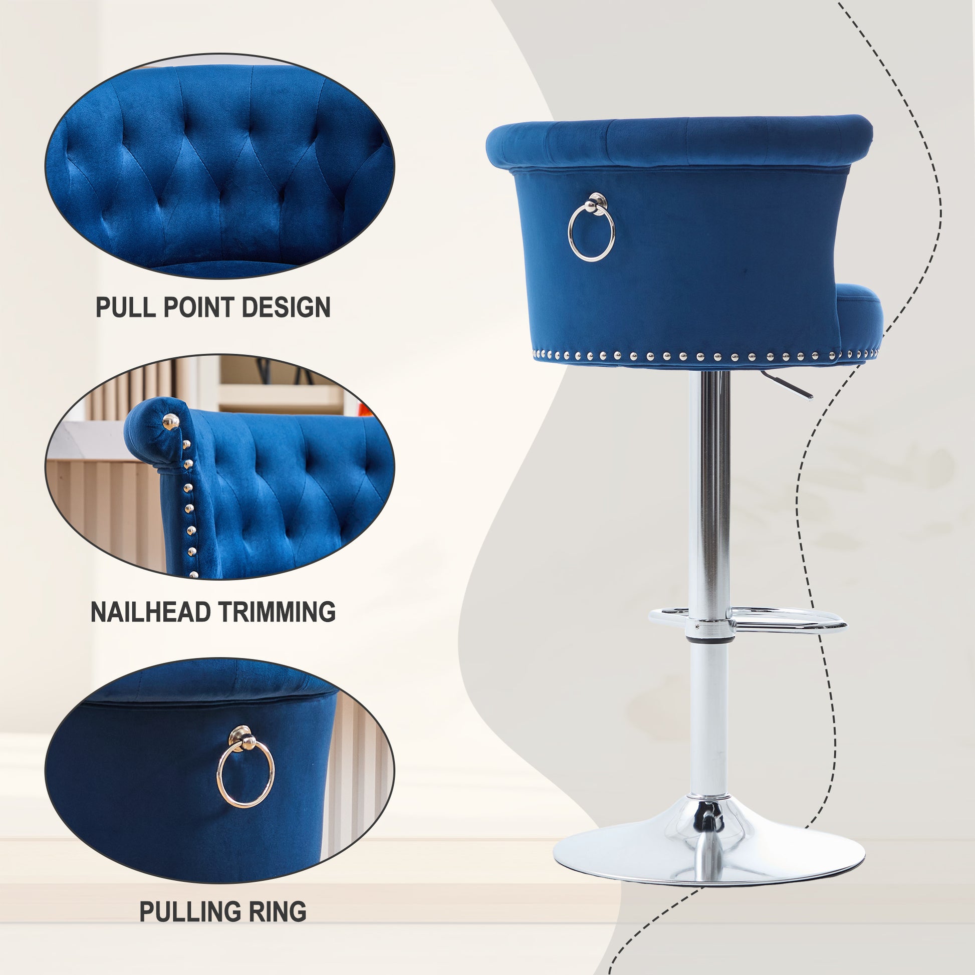 COOLMORE Velvet Bar Stool Set of 2, Adjustable Swivel Bar Stools with Silver Plated Metal Leg, Chrome Nailhead, Counter Height Chair for Kitchen,Dining Room-海智集-Default-