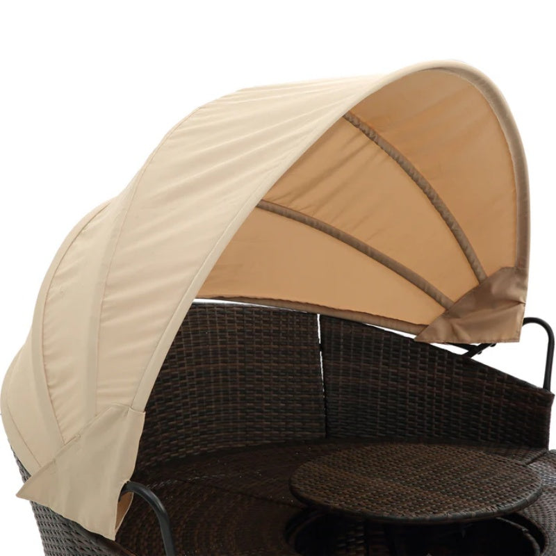 Hot Sale KD Rattan Round Lounge With Canopy Bali Canopy Bed Outdoor, Wicker Outdoor Sofa Bed with lift coffee table-海智集-Default-