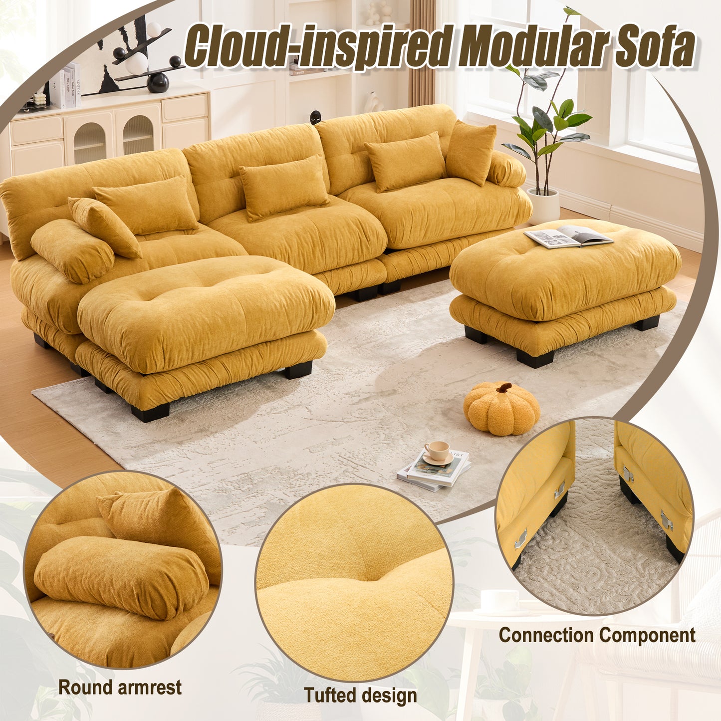 UNITED WE WIN Pelletized velvet U Shape Cloud Couch with 2 Ottomans,Free Combined 3 Seater Comfy Sofa with Bolster Armrest Pillows, sofa for Living Room-海智集-Default-