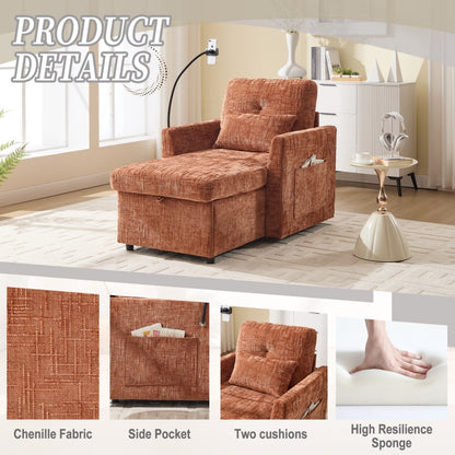 Multifunctional Chenille Recliner Sofa with Storage and Phone Bracket for Living Room or Bedroom in Orange-海智集-Default-