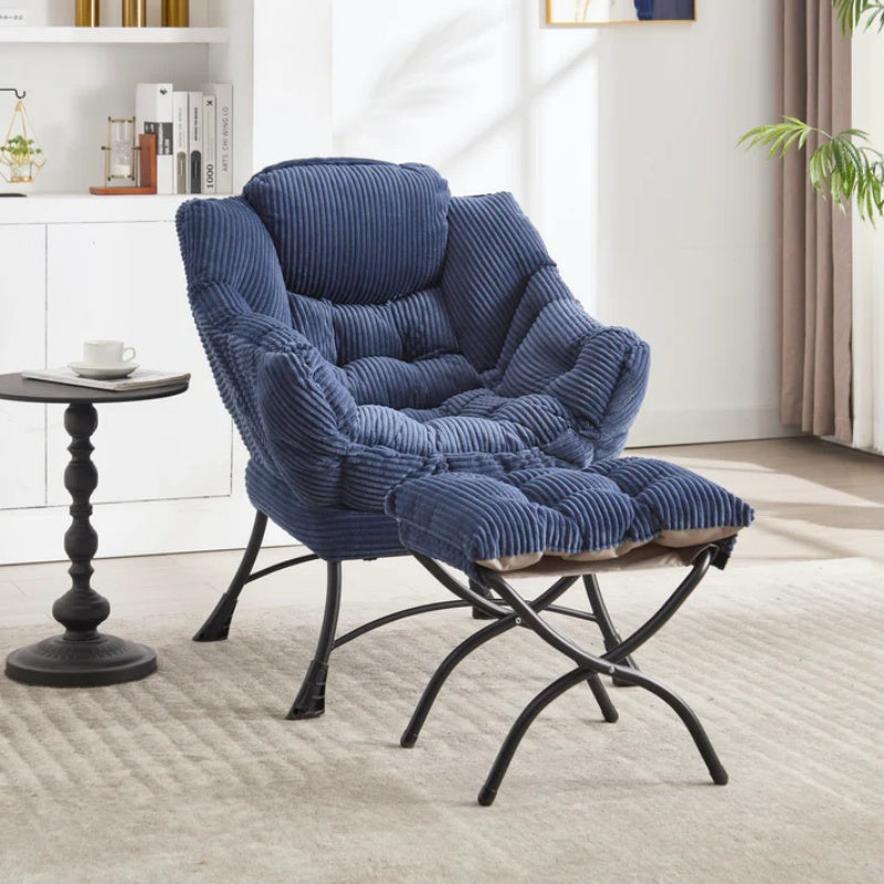 Lazy Chair with Ottoman, Modern Lounge Accent Chair with Armrests and a Side Pocket, Leisure Upholstered Sofa Chair Reading Chair with Footrest for Small Space, Corner Chair-Navy blue-海智集-Default-
