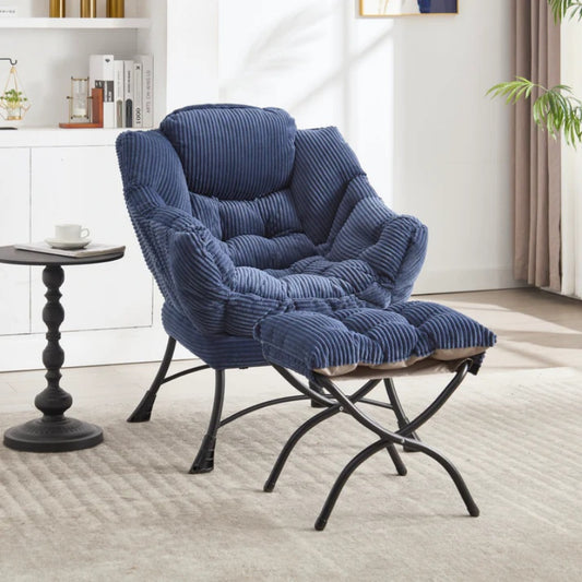 Lazy Chair with Ottoman, Modern Lounge Accent Chair with Armrests and a Side Pocket, Leisure Upholstered Sofa Chair Reading Chair with Footrest for Small Space, Corner Chair-Navy blue-海智集-Default-