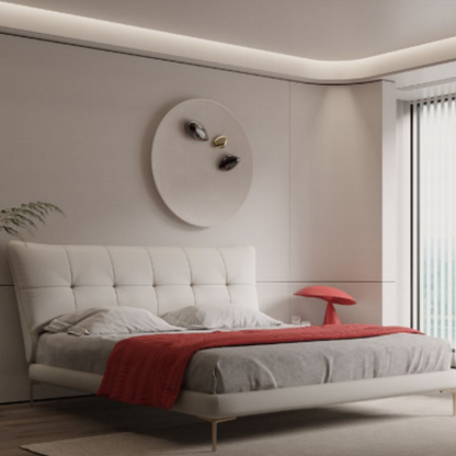 Genuine leather bed, simple Italian light luxury, high-end solid wood soft-padded luxury bedding, without bedside table-海智集-