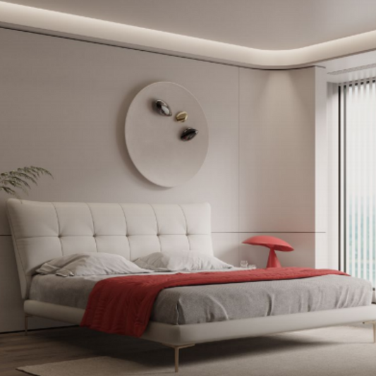 Genuine leather bed, simple Italian light luxury, high-end solid wood soft-padded luxury bedding, without bedside table-海智集-