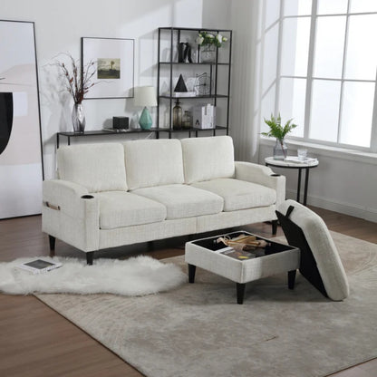 UNITED WE WIN Sofa for three, solid wood frame, Chenille fabric, side pocket, with two cup holders, footstool with storagestorage sofa /Living room sofa cozy sectional sofa-海智集-Default-