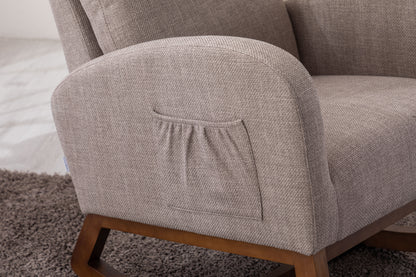 Rocking Chair, Modern Glider Chair, Recliner Armchair with Wood Legs and Side Pocket, Nursery Rocking Accent Chair with High Back for Living Room Bedroom (Grey linen)-海智集-Default-
