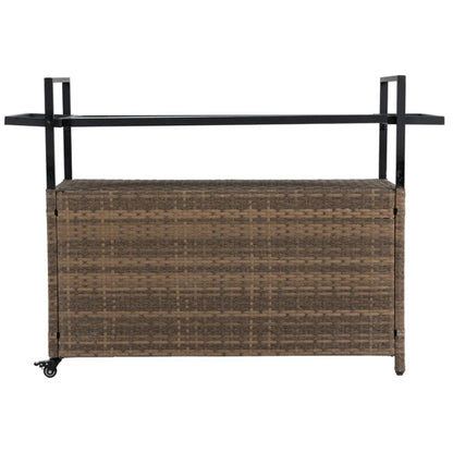 Outdoor Wicker Bar Cart, Patio Wine Serving Cart w/Wheels , Rolling Rattan Beverage Bar Counter Table w/Glass Top for Porch Backyard Garden Poolside Party, Light brown-海智集-Default-
