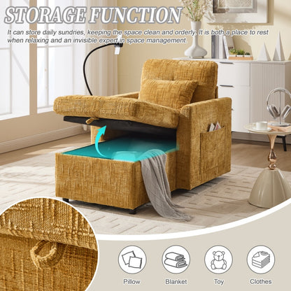 Multifunctional Lazy Sofa Recliner with Storage and Phone Bracket in Mustard Yellow Chenille for Living Room-海智集-Default-