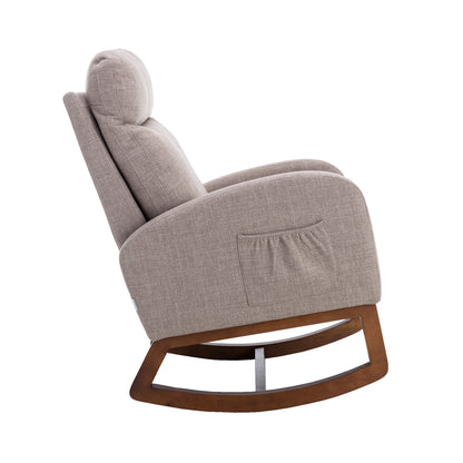 Rocking Chair, Modern Glider Chair, Recliner Armchair with Wood Legs and Side Pocket, Nursery Rocking Accent Chair with High Back for Living Room Bedroom (Grey linen)-海智集-Default-