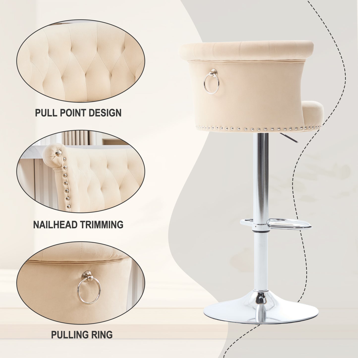 COOLMORE Velvet Bar Stool Set of 2, Adjustable Swivel Bar Stools with Silver Plated Metal Leg, Chrome Nailhead, Counter Height Chair for Kitchen,Dining Room-海智集-Default-