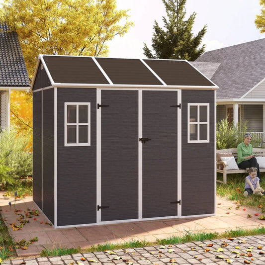 8*7ft Outdoor Storage Shed, Outdoor Resin Shed with Two-Window and Double-Door, Plastic Shed with Floor for Garden, Patio, Yard, Lawn (Dark Gray)-海智集-Default-