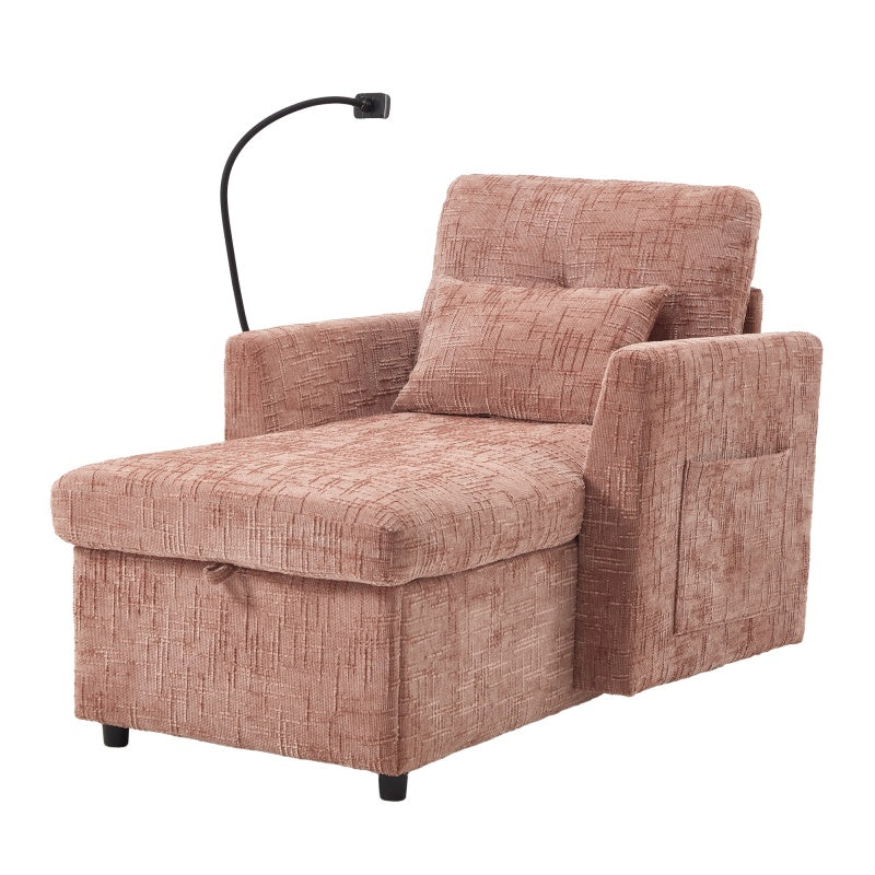 Multifunctional Lazy Person Sofa Recliner with Storage Backrest and Cell Phone Bracket in Pink Chenille for Living Room and Bedroom-海智集-Default-