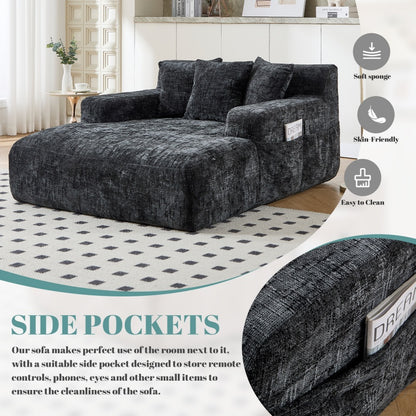 Chenille Interior Lazy Sofa Chaise Lounge Armchair with Three Pillows and Armrests, Black, Soft Chenille, 61.42x48.43x27.95 inches-海智集-Default-