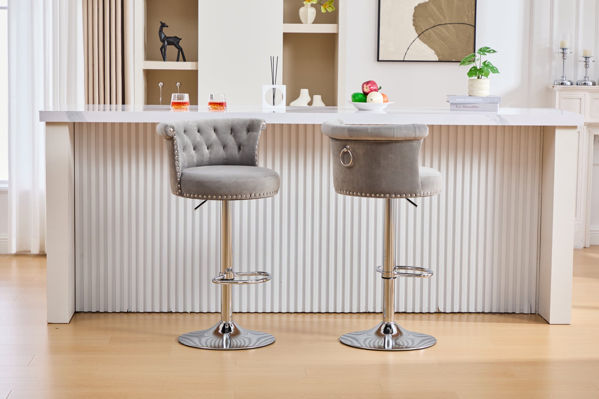 COOLMORE Velvet Bar Stool Set of 2, Adjustable Swivel Bar Stools with Silver Plated Metal Leg, Chrome Nailhead, Counter Height Chair for Kitchen,Dining Room-海智集-Default-