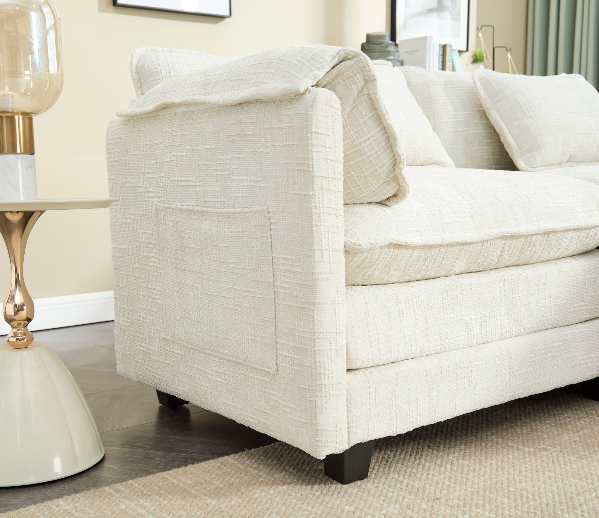 UNITED WE WIN Chenille fabric, solid construction, the overall structure of the sofa is stable, detachable armrests, two foot stools and two-seat sofa with side pockets-海智集-Default-
