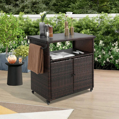 Outdoor Wicker Bar Cart, Patio Wine Serving Cart w/Wheels , Rolling Rattan Beverage Bar Counter Table w/Glass Top for Porch Backyard Garden Poolside Party, Light brown-海智集-Default-