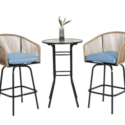 3pcs Outdoor Bar Set, Patio Bar Table and Chairs Set, Bar Height Patio Set - 2 x Swivel Bar Chairs , 1 x Round Bar Table(DPC Wood-Like)-Blue-海智集-Default-