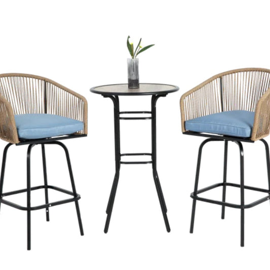 3pcs Outdoor Bar Set, Patio Bar Table and Chairs Set, Bar Height Patio Set - 2 x Swivel Bar Chairs , 1 x Round Bar Table(DPC Wood-Like)-Blue-海智集-Default-
