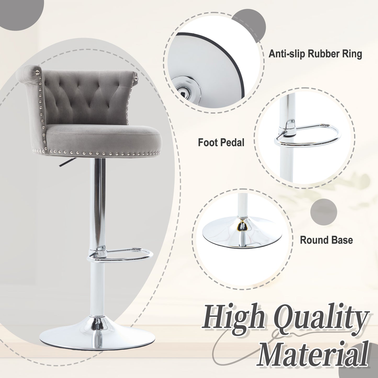 COOLMORE Velvet Bar Stool Set of 2, Adjustable Swivel Bar Stools with Silver Plated Metal Leg, Chrome Nailhead, Counter Height Chair for Kitchen,Dining Room-海智集-Default-
