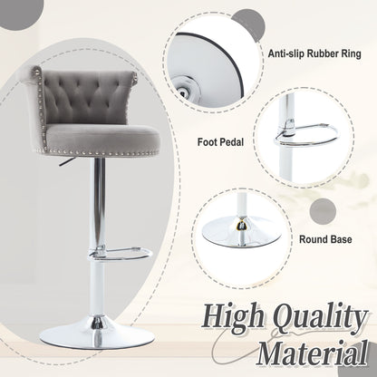 COOLMORE Velvet Bar Stool Set of 2, Adjustable Swivel Bar Stools with Silver Plated Metal Leg, Chrome Nailhead, Counter Height Chair for Kitchen,Dining Room-海智集-Default-