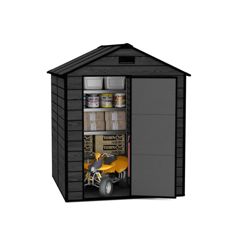 Campcraft 6*6ft resin storage shed, high quality pp material, strong structure, waterproof, rust and UV proof, large storage space, 12mm thick pp board, HD window lighting Black wood grain color-海智集-Default-