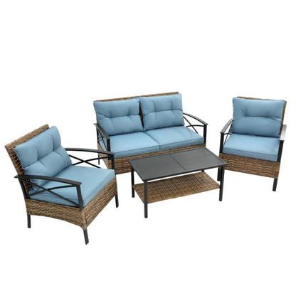 Patio 4 piece sectional low dining conversation sofa set- KD rattan wicker outdoor garden furniture corner sofa set with cushion.-海智集-Default-