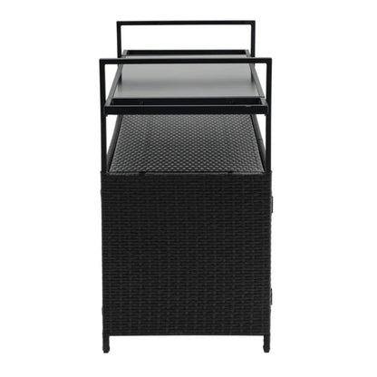 Outdoor Wicker Bar Cart, Patio Wine Serving Cart w/Wheels, Rolling Rattan Beverage Bar Counter Table w/Glass Top for Porch Backyard Garden Poolside Party, Black-海智集-Default-