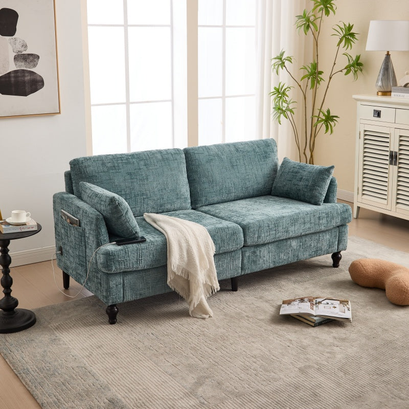 Modern Style Chenille 2-Seater Wood-Legged Sofa with LED Light, USB Charging Port and Storage Bag in Lake Blue-海智集-Default-