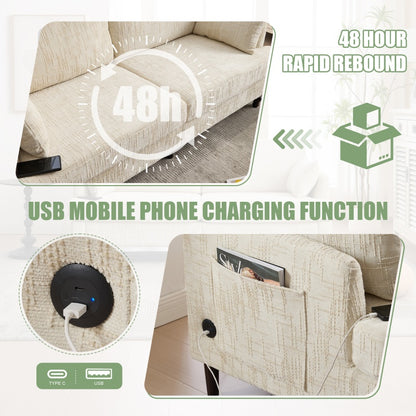 Modern Style Chenille 2-Seater Sofa with LED Light, USB Port, Storage Bag, Wood Legs-海智集-Default-