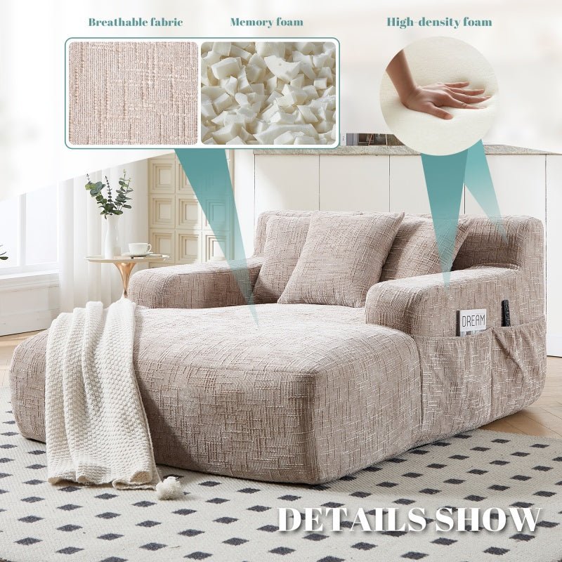 Chenille Interior Lazy Sofa Chaise Longue Armchair with Pillows and Armrests in Khaki - 海智集