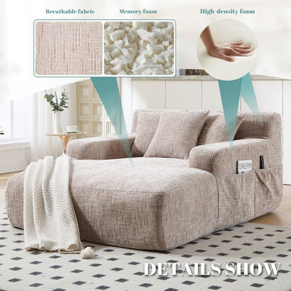 Chenille Interior Lazy Sofa Chaise Longue Armchair with Pillows and Armrests in Khaki - 海智集