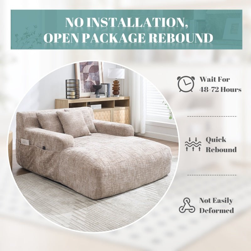 Chenille Interior Lazy Sofa Chaise Longue Armchair with Pillows and Armrests in Khaki - 海智集