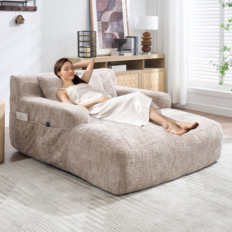 Chenille Interior Lazy Sofa Chaise Longue Armchair with Pillows and Armrests in Khaki - 海智集