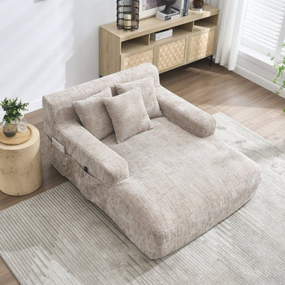 Chenille Interior Lazy Sofa Chaise Longue Armchair with Pillows and Armrests in Khaki-海智集-Default-