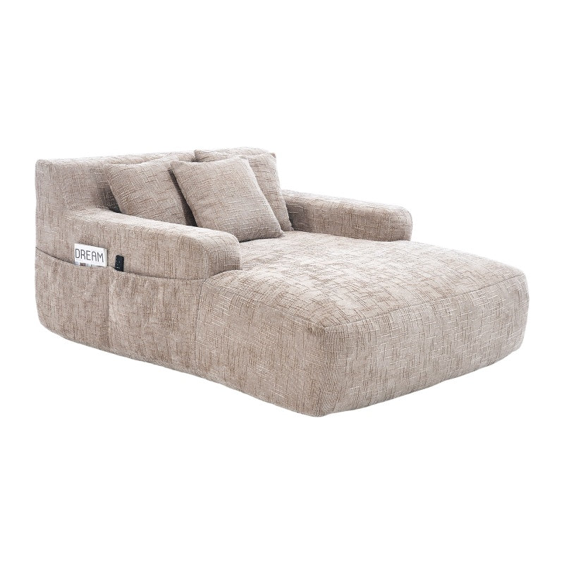 Chenille Interior Lazy Sofa Chaise Longue Armchair with Pillows and Armrests in Khaki - 海智集