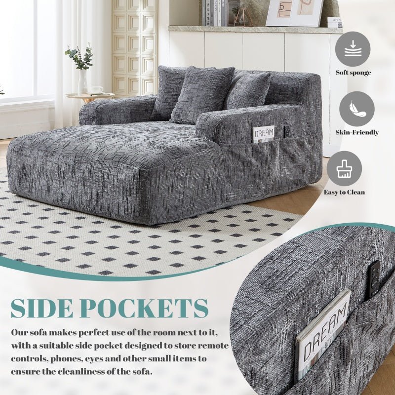 Chenille Interior Lazy Sofa Chaise Longue Armchair with Three Pillows and Armrests in Grey - 海智集