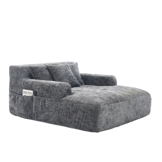 Chenille Interior Lazy Sofa Chaise Longue Armchair with Three Pillows and Armrests in Grey-海智集-Default-