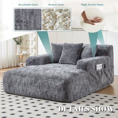 Chenille Interior Lazy Sofa Chaise Longue Armchair with Three Pillows and Armrests in Grey-海智集-Default-
