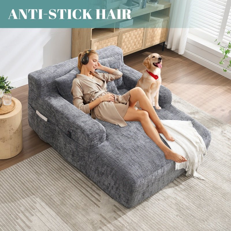 Chenille Interior Lazy Sofa Chaise Longue Armchair with Three Pillows and Armrests in Grey - 海智集