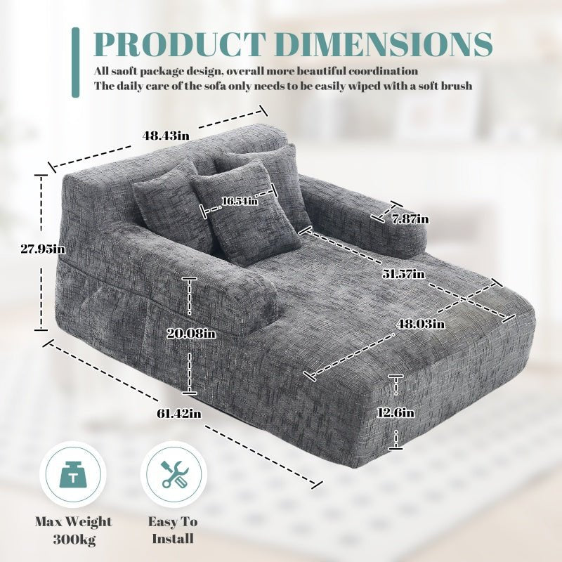 Chenille Interior Lazy Sofa Chaise Longue Armchair with Three Pillows and Armrests in Grey - 海智集