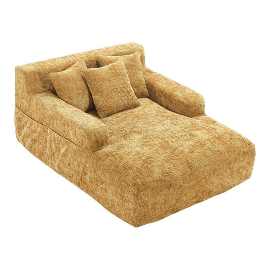 Chenille Interior Lazy Sofa Chaise Longue with Armrests and Three Pillows, Yellow, 61.42 x 48.43 x 27.95 inches-海智集-Default-