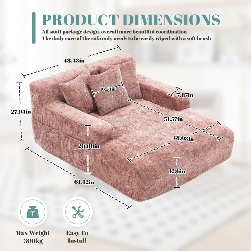 Chenille Interior Lazy Sofa Chaise Lounge Armchair with Pillows and Armrests - Pink-海智集-Default-